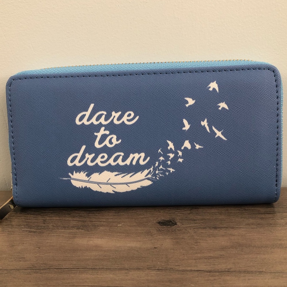 Blue Dare To Dream Feather to Birds Print Zipper Wallet